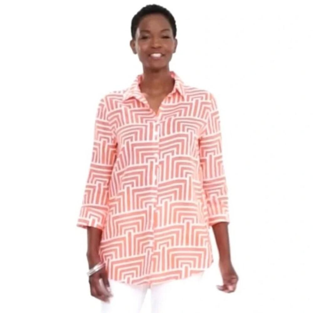 Chico's Orange Linen White Patterned Button Down Shirt